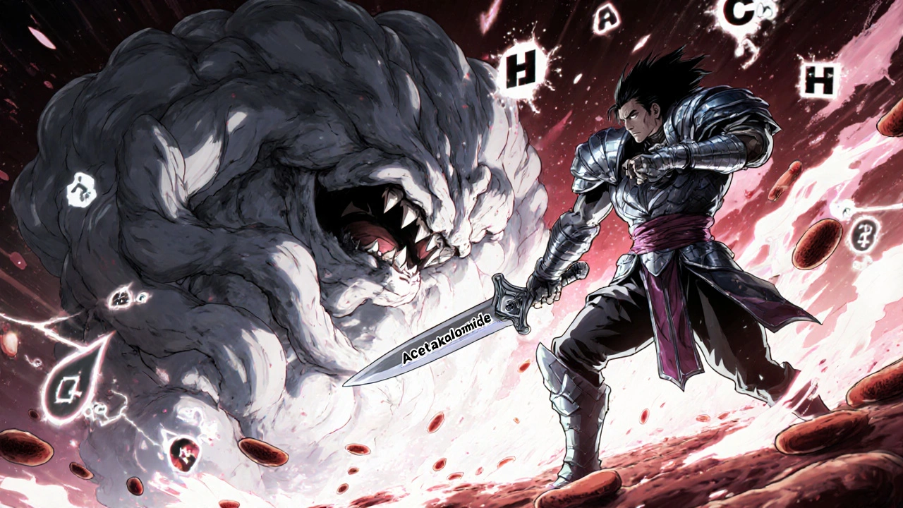 Abstract battle between a CO₂ monster and an armored warrior representing acetazolamide in a blood vessel arena.