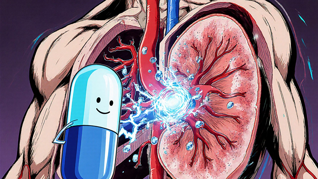 Anime view of a capsule causing kidney swelling, narrowed vessels, and renin‑angiotensin activation.