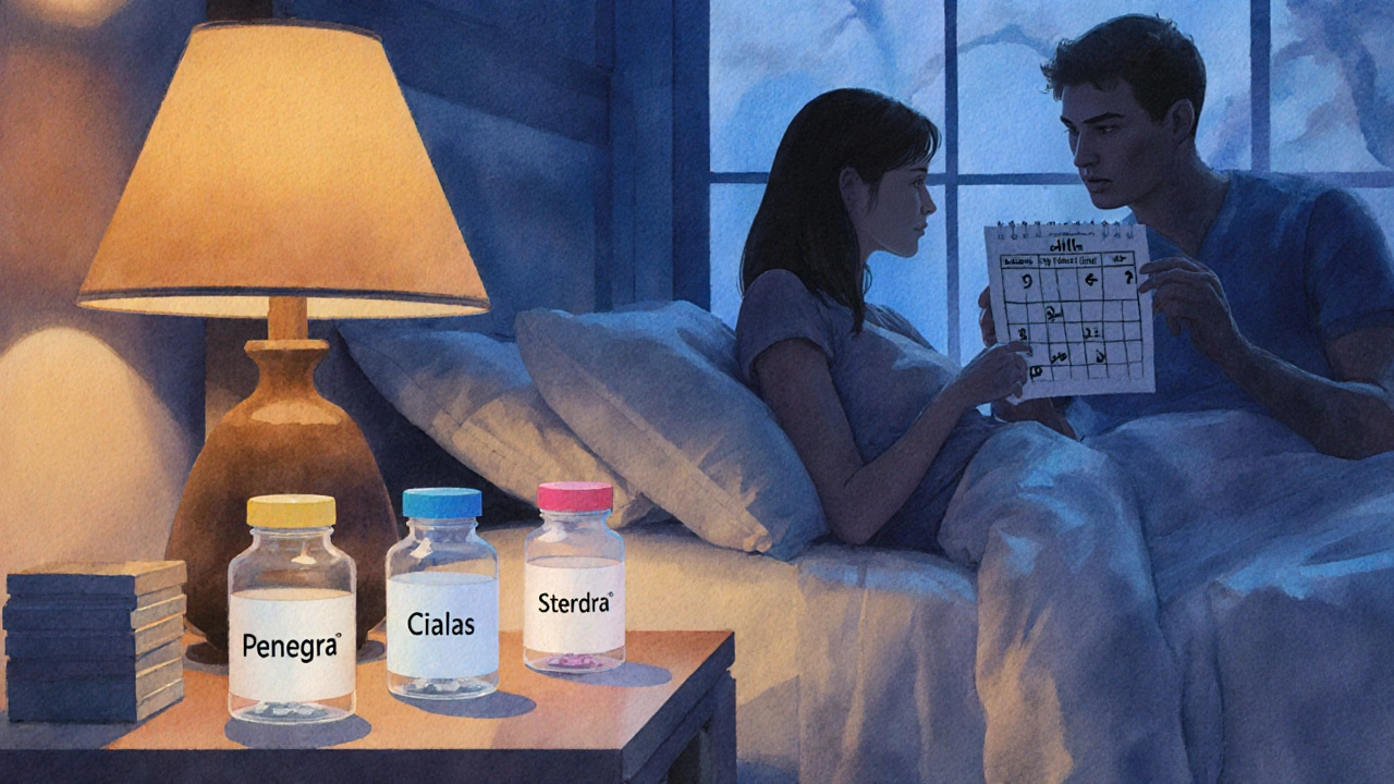 Bedroom scene with pill bottles on a nightstand, a calendar, and silhouettes suggesting a thoughtful choice.