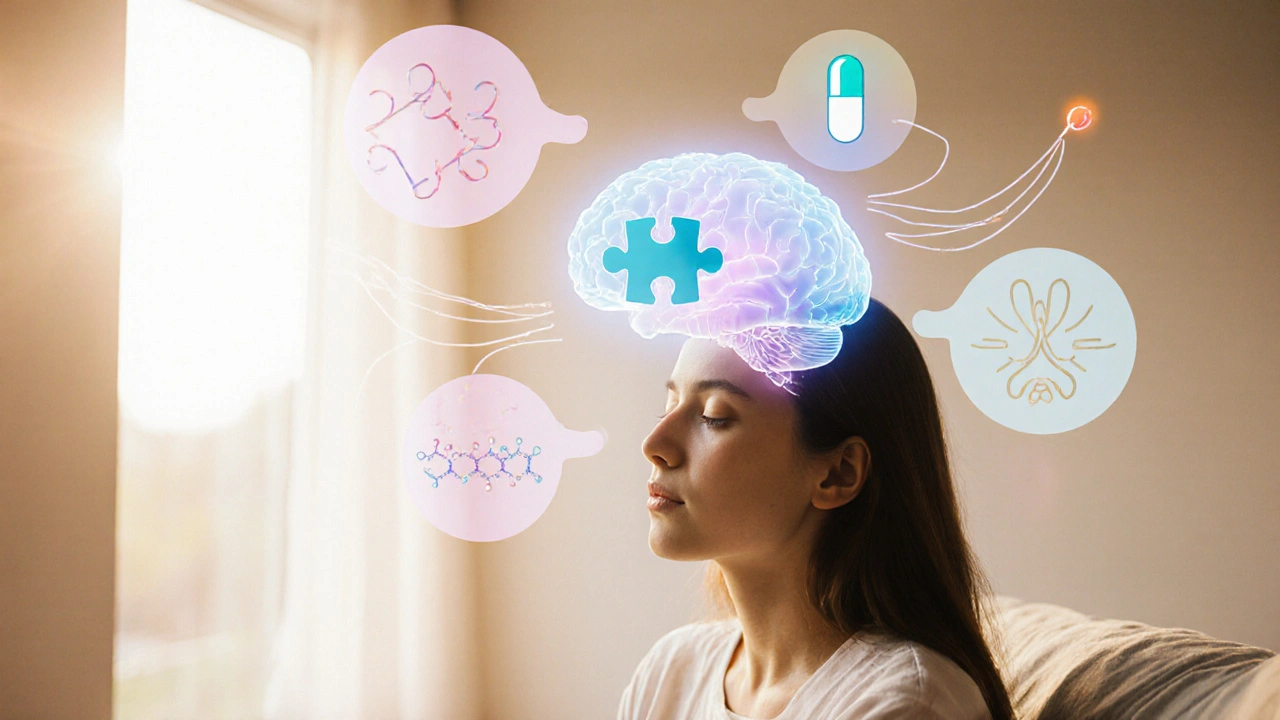 Calm person with translucent brain showing balanced activity and therapeutic symbols.