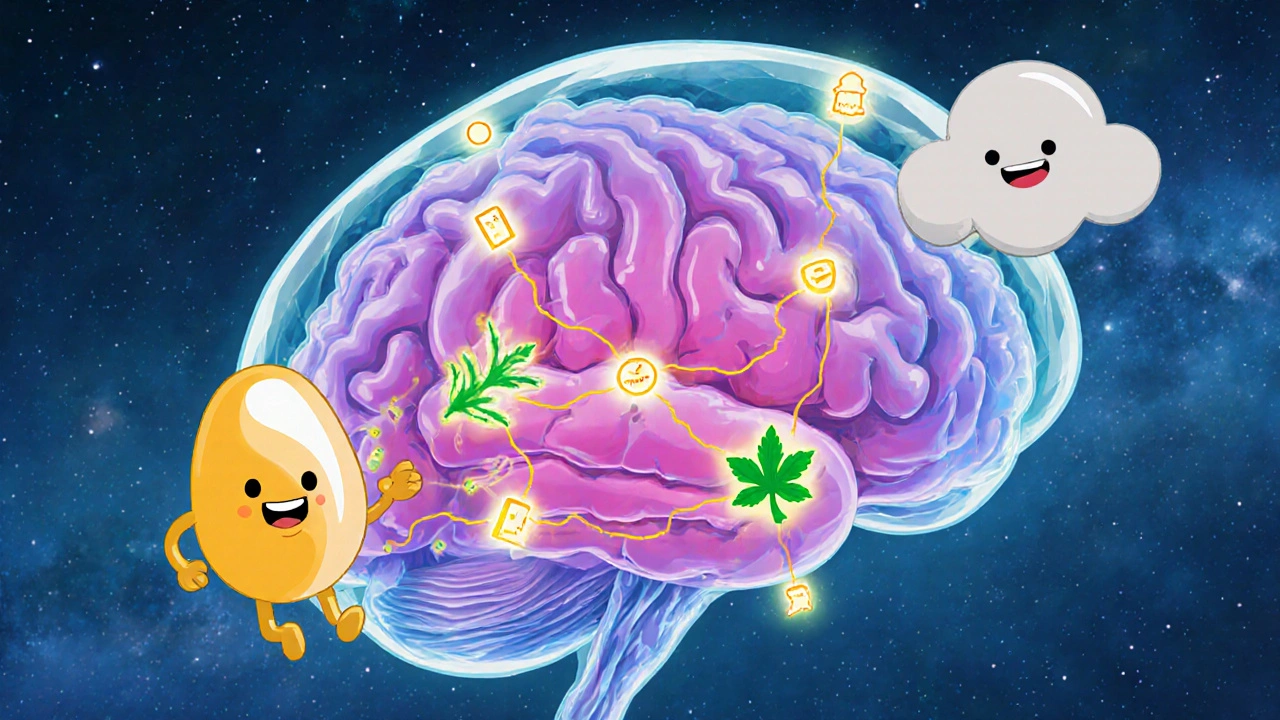 Cartoon brain with iron atoms, folate leaves, and bright neurotransmitter icons balancing cortisol.