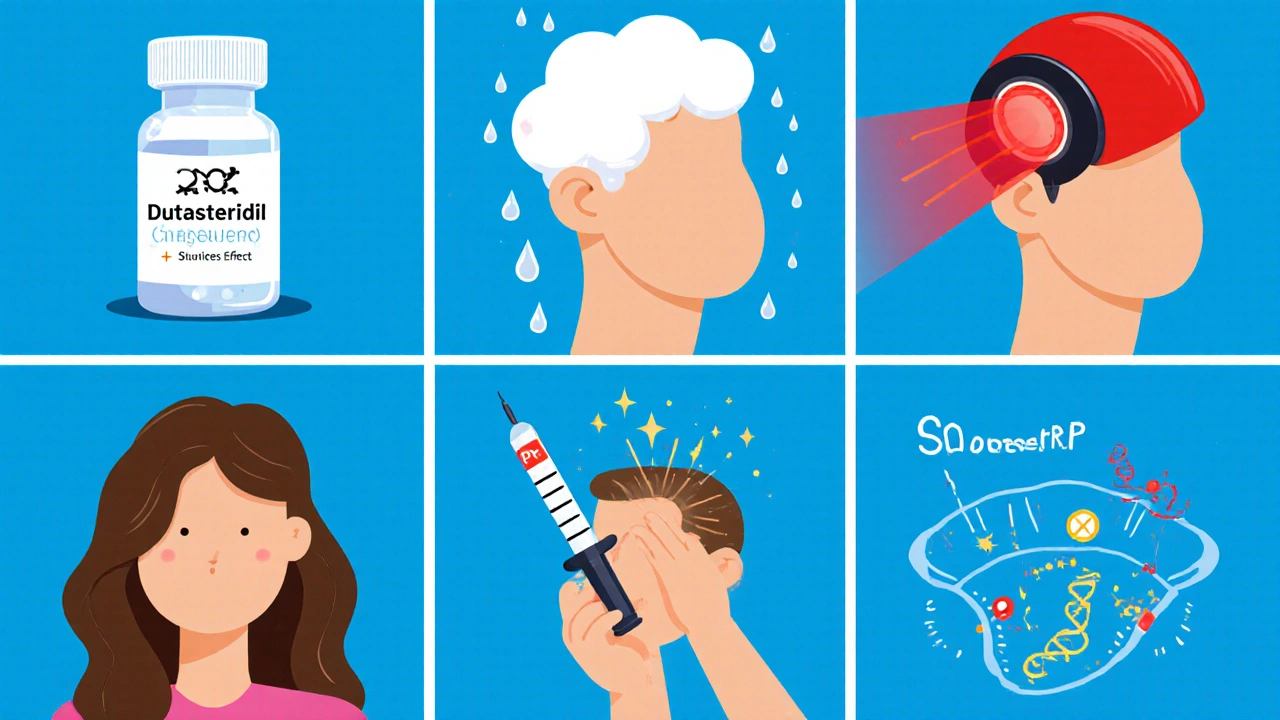 Cartoon panels showing dutasteride pills, minoxidil spray, laser cap, PRP syringe, spironolactone, and a hair follicle.
