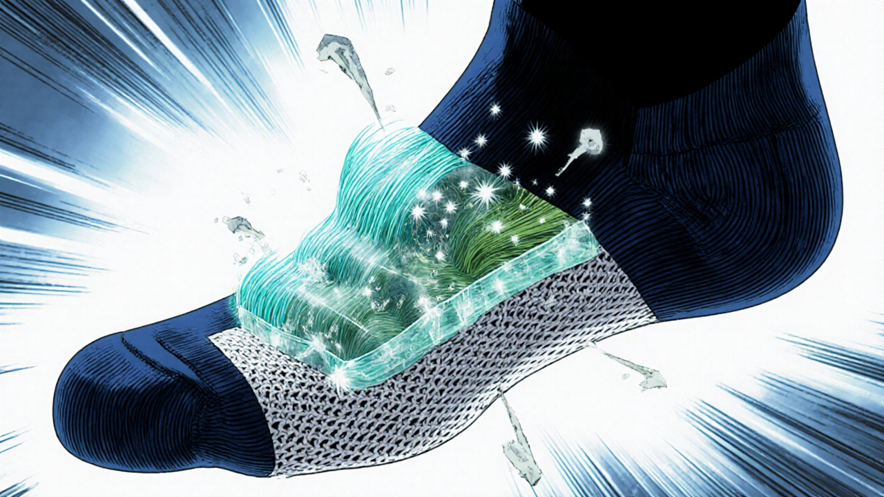 Close-up of a sock showing CoolMax fibers, silver‑ion particles, and bamboo filaments.