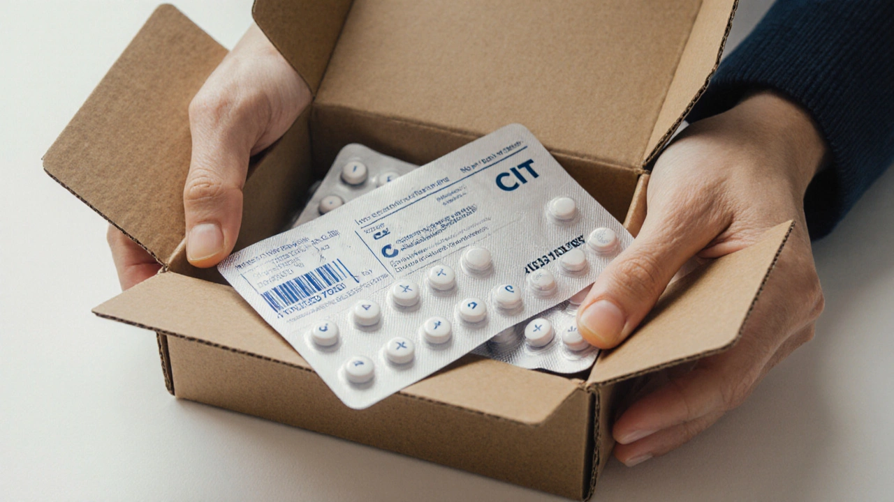 Close‑up of opened box with sealed blister pack of white generic tablets.