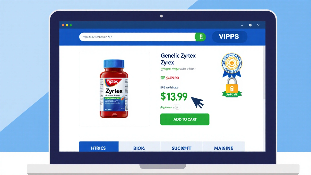 Computer screen showing a legitimate online pharmacy page for generic Zyrtec with security icons.