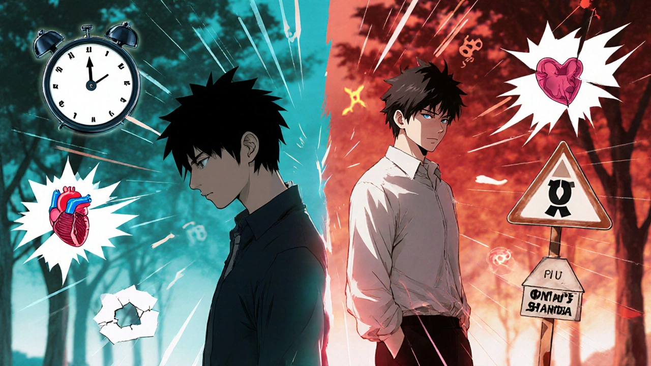 Contrasting healthy and fatigued men with medical icons in shounen anime style