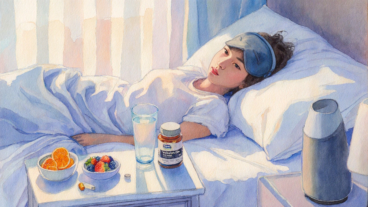 Cozy bedroom with sleep, water, berries, and supplements for immune support.