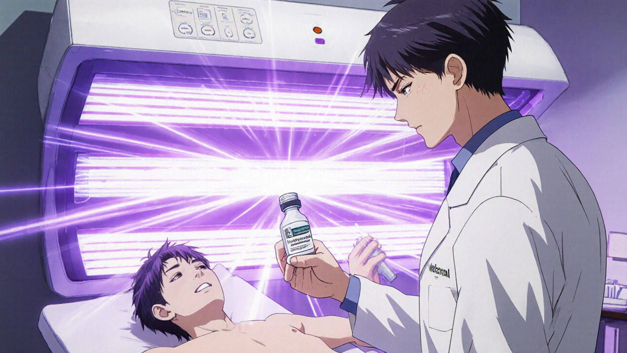 Dermatologist gives methoxsalen to a patient beside a UVA light cabinet emitting violet glow.