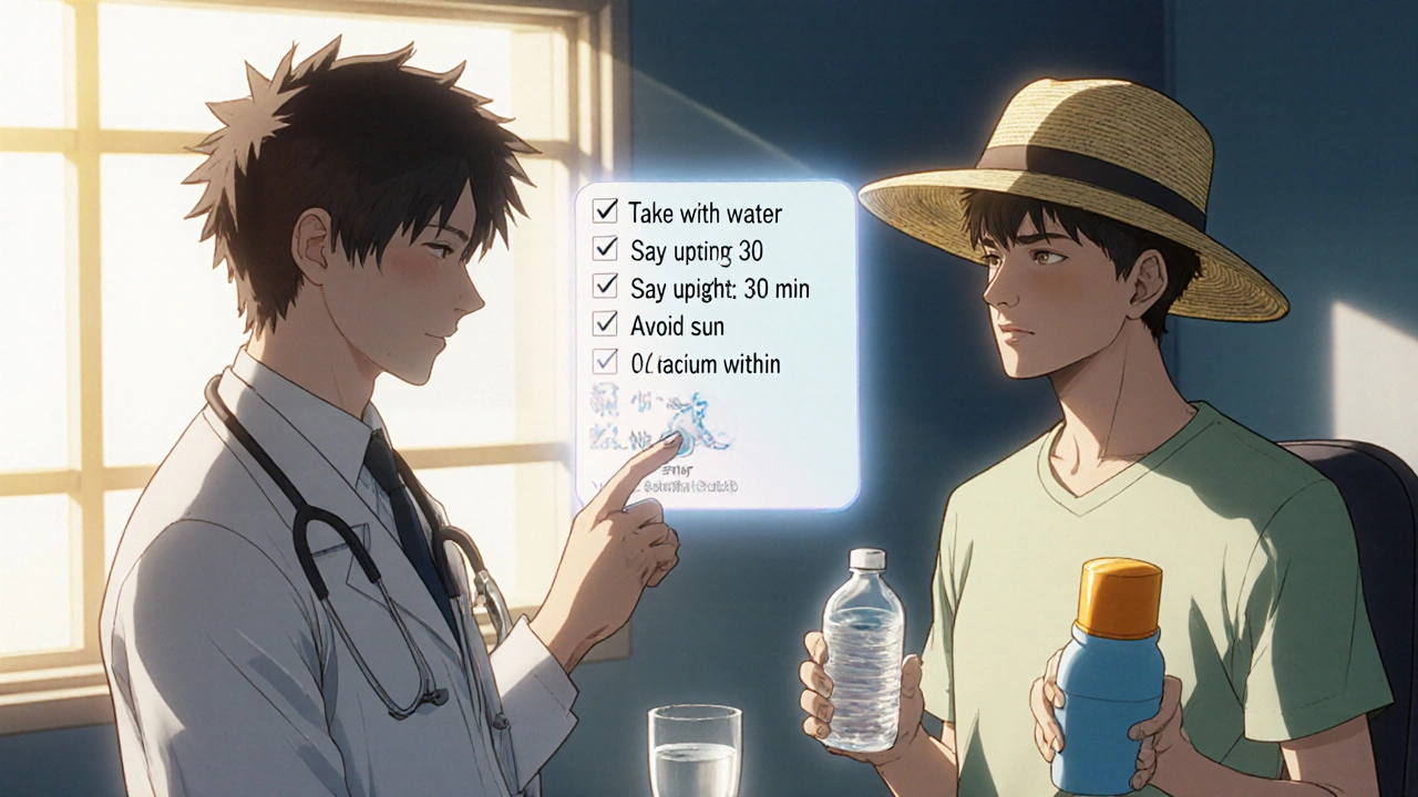 Doctor explaining Doxt‑SL safety tips to a patient with water and sunscreen.