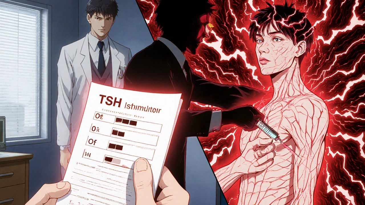 Doctor holds blood test showing low TSH as patient's body cracks with energy surges from stimulant injection.