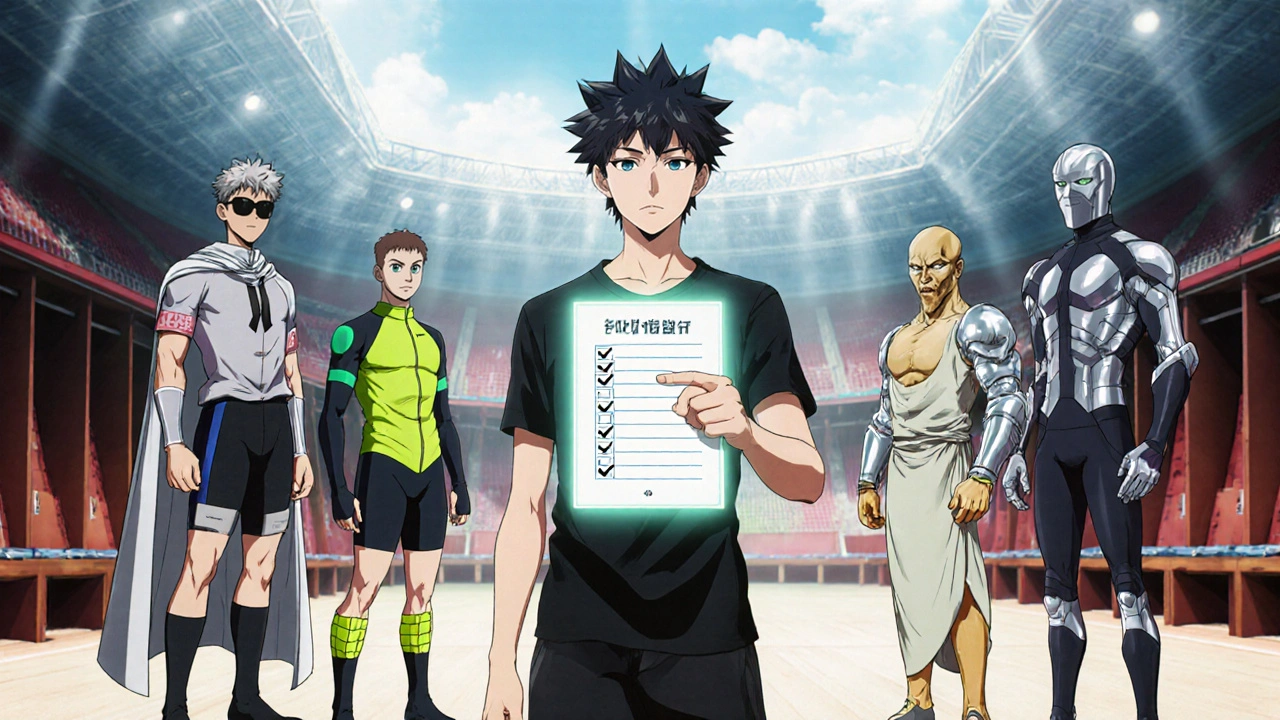 Five sock characters stand in a locker room with a teen athlete holding a checklist.