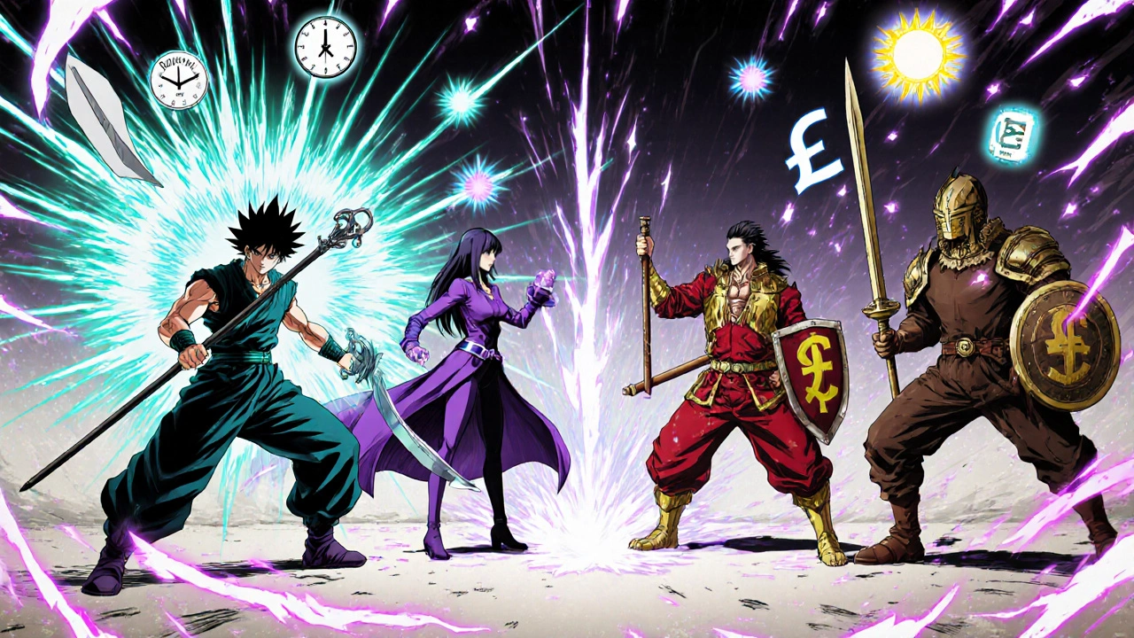 Four anime characters battling, each representing a different antibiotic.