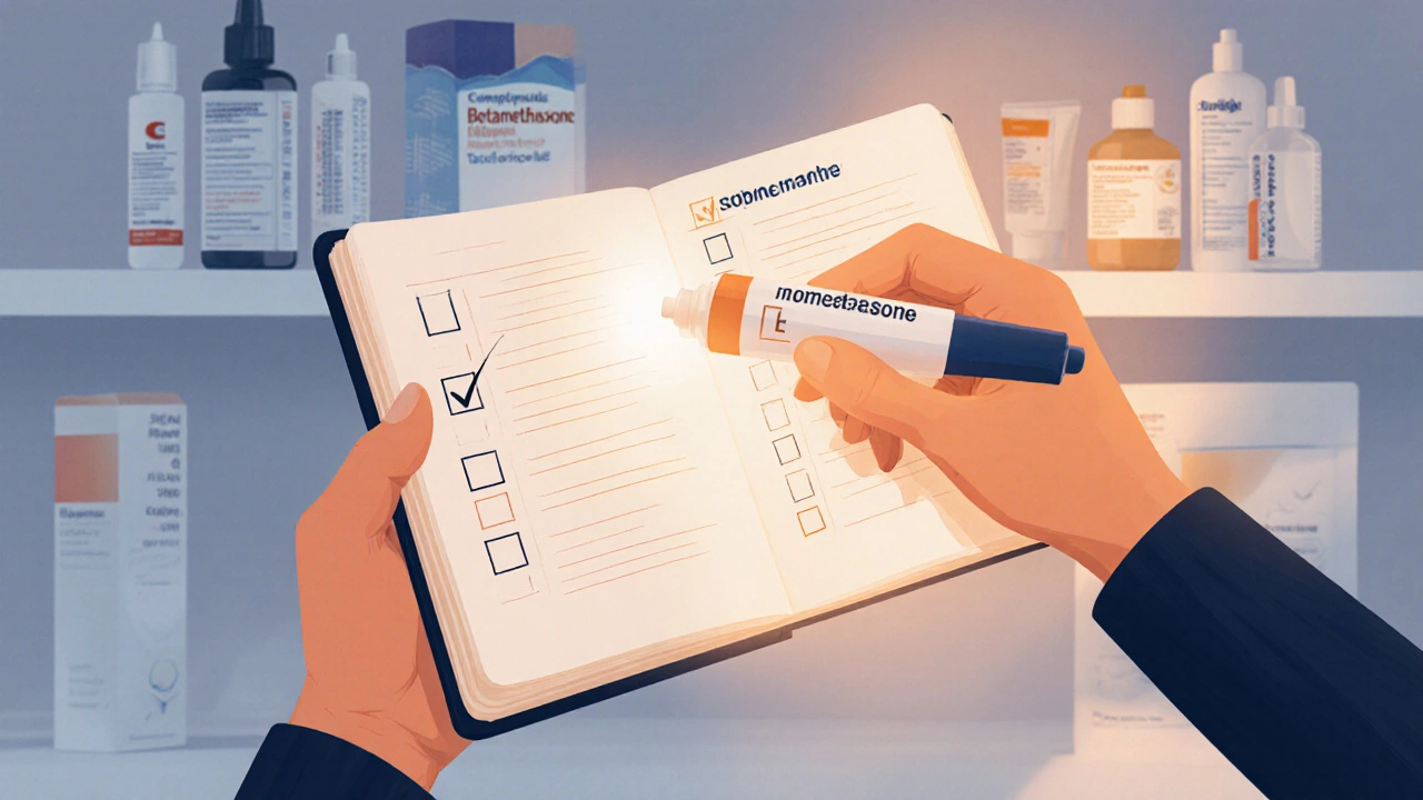 Hand holding a checklist next to a highlighted generic mometasone tube, symbolizing treatment choice.