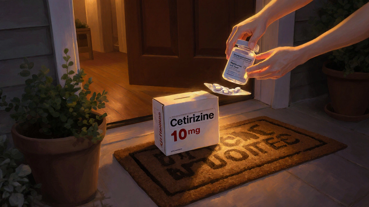 Hand opening a discreet delivery box and checking a Zyrtec generic bottle inside.