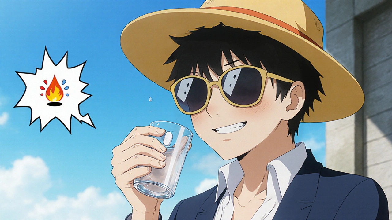 Hero takes tetracycline on patio, wearing sunglasses and hat, managing side effects.
