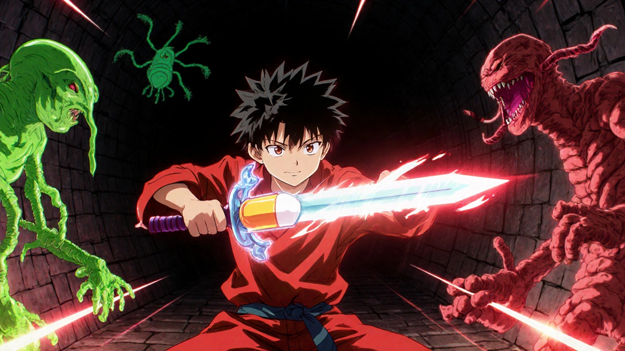 Heroic child battles green parasite monsters with a glowing medicine sword.