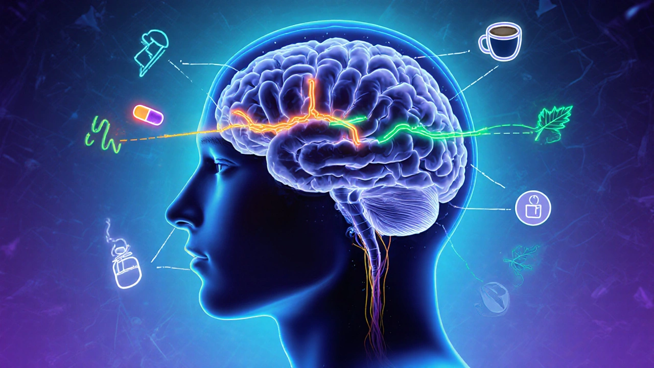 Illustrated brain showing glowing dopamine, histamine, and orexin pathways.