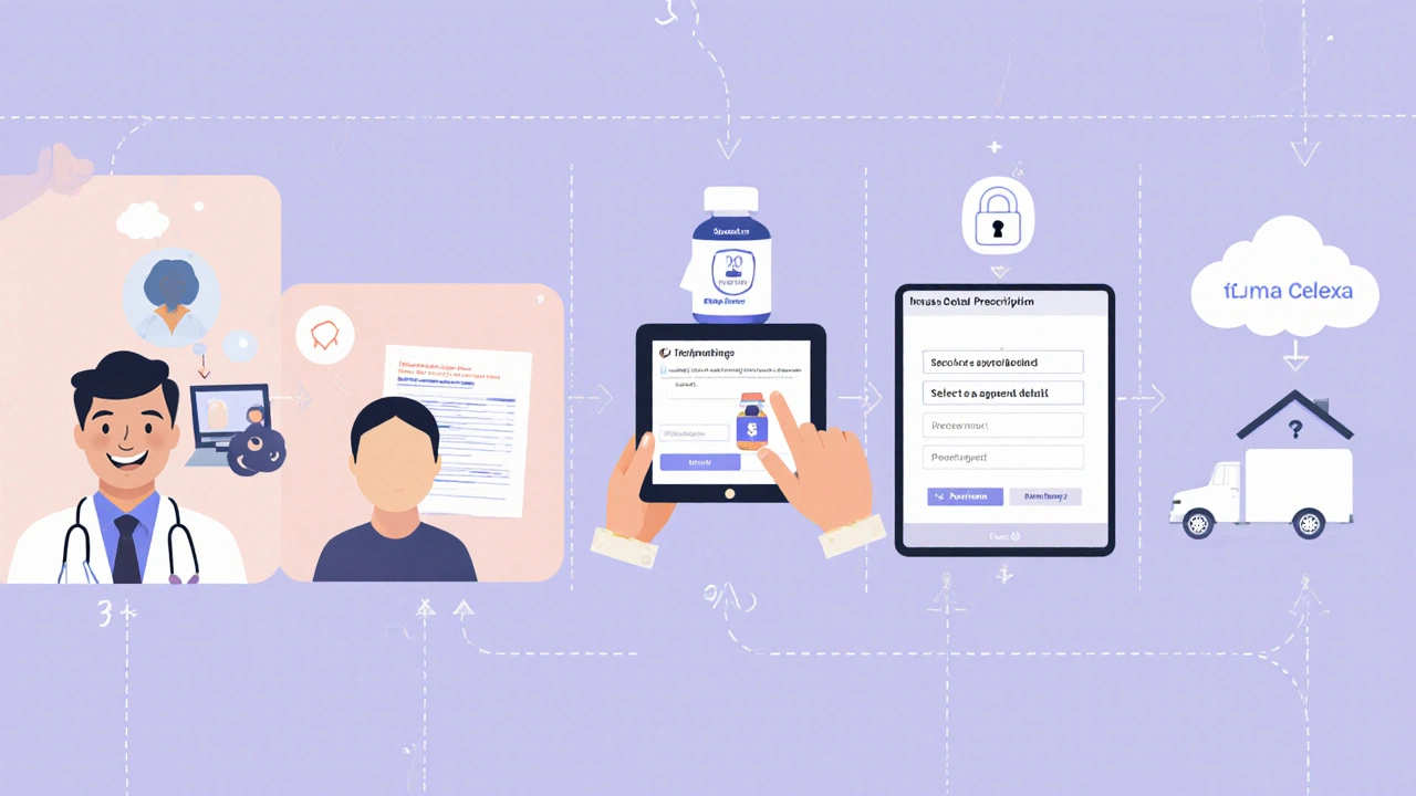 Illustrated flow of telehealth, prescription upload, tablet selection, payment, delivery.