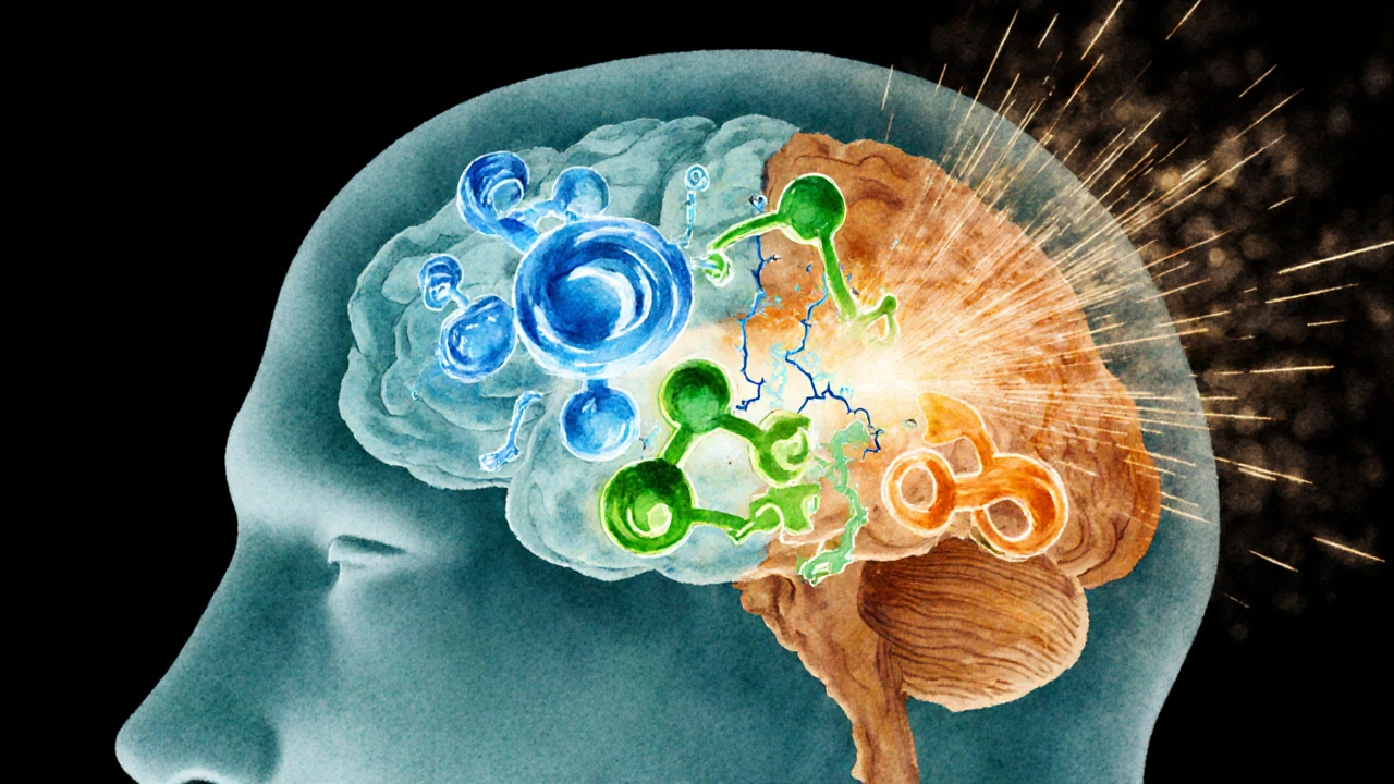 Illustration of neurotransmitters swirling around brain regions with weak connections.