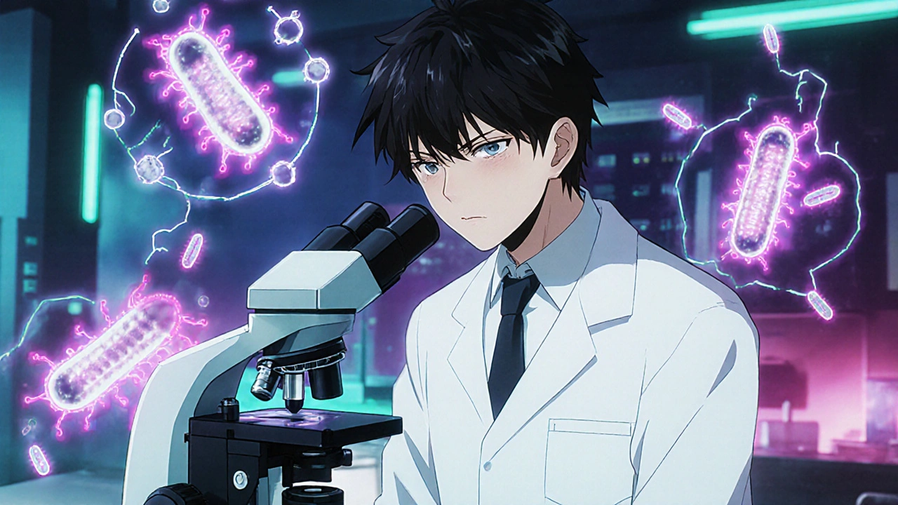 Lab scene showing hero observing spirochetes as tetracycline attacks bacteria.