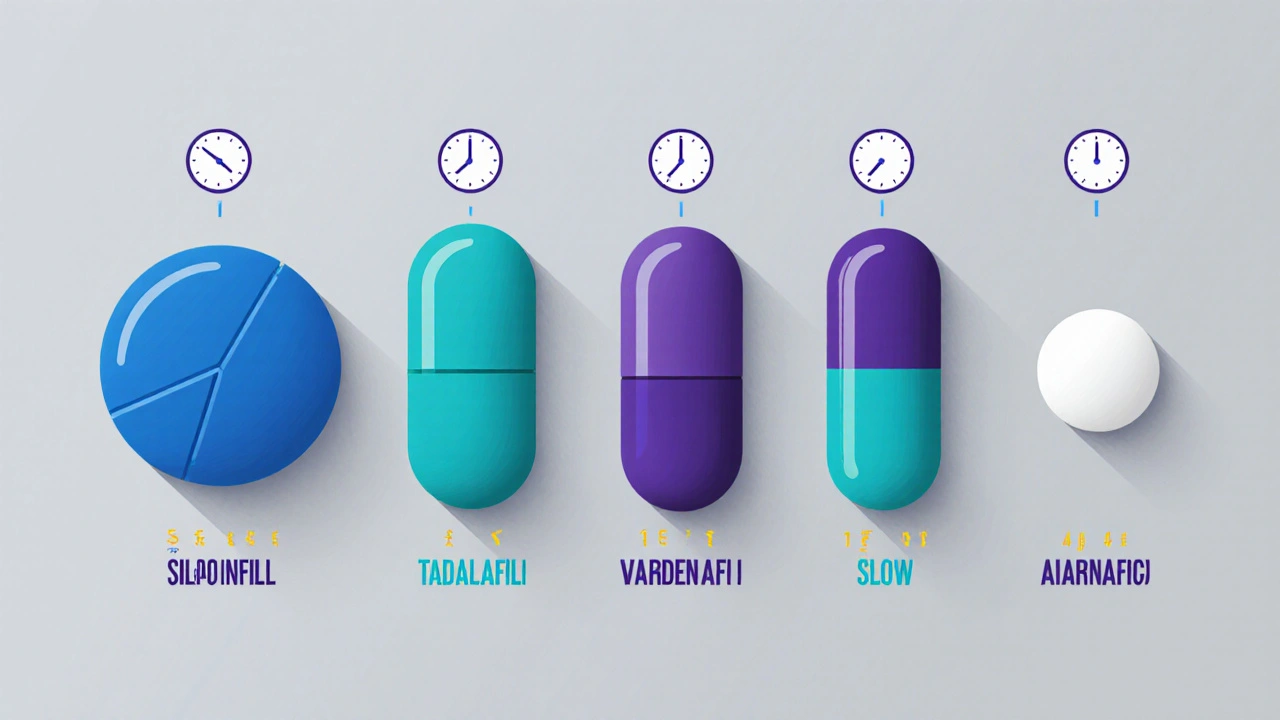 Lineup of five uniquely shaped pills with visual icons indicating onset speed and duration.