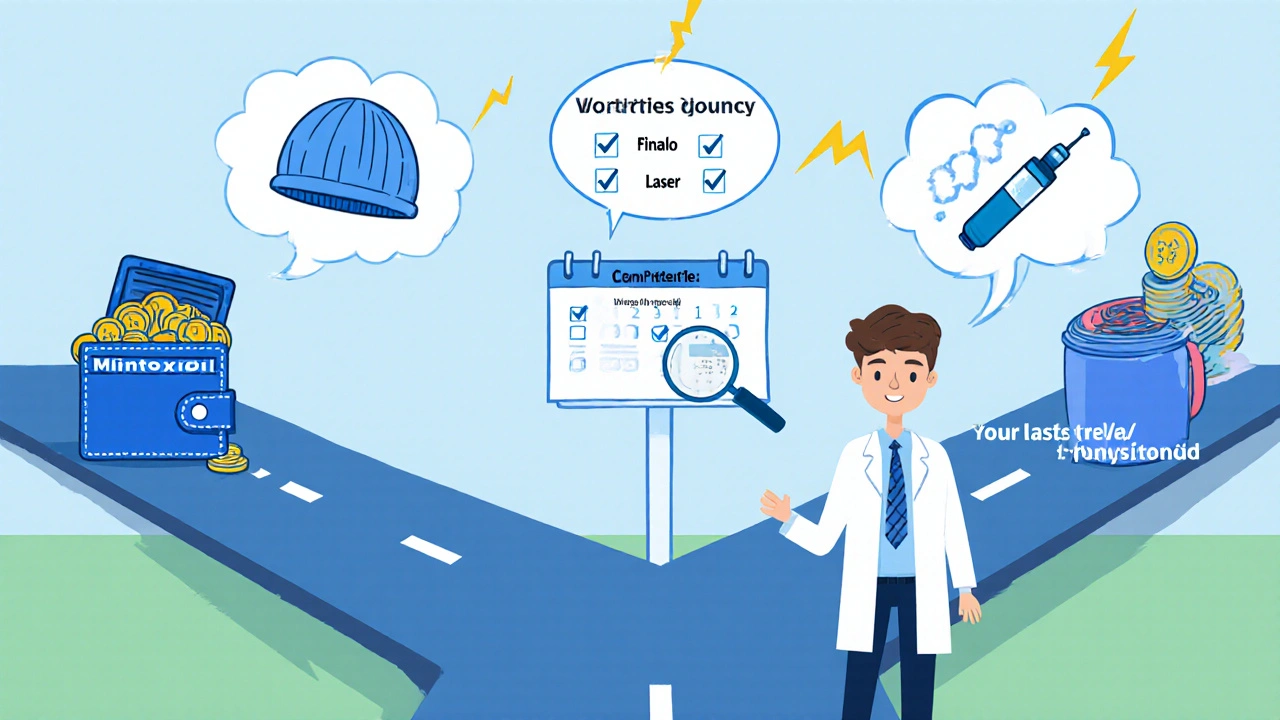 Man at a crossroads choosing hair‑loss options with a cartoon doctor offering guidance.