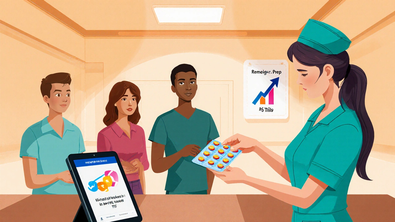 Nurse giving TDF pills to diverse patients in a friendly clinic setting.
