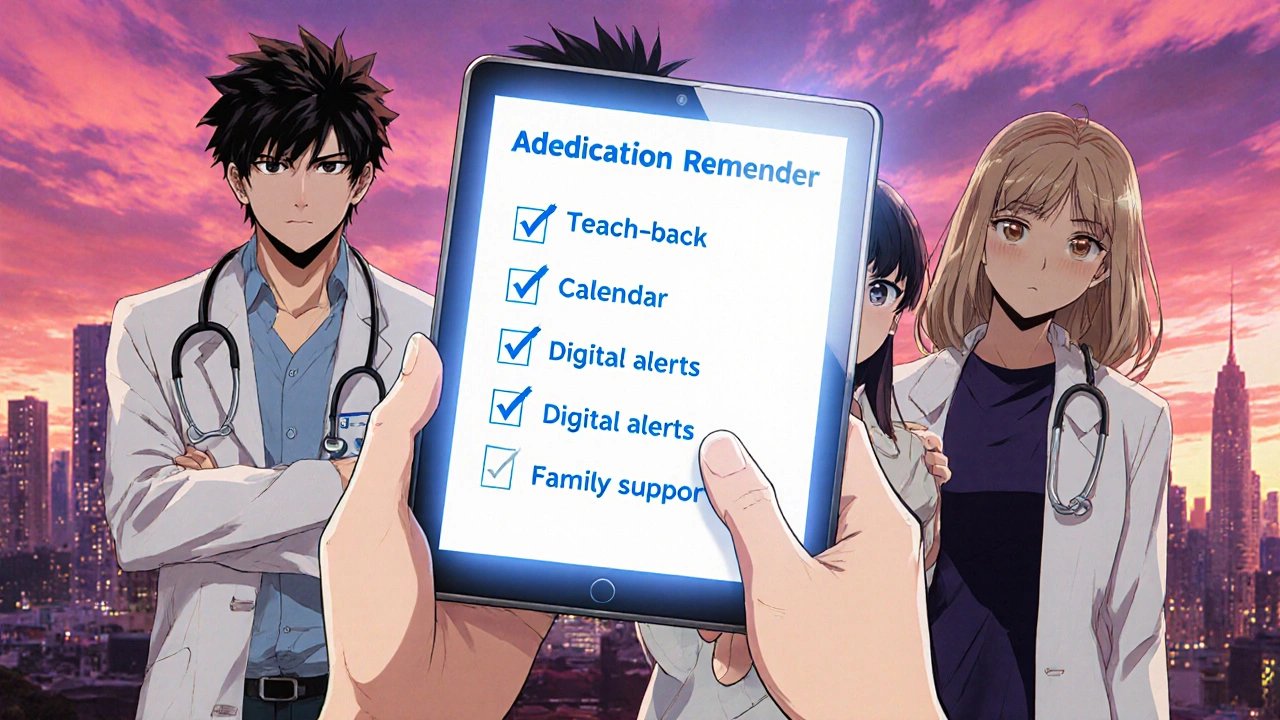 Patient, caregiver, and doctor stand with a digital reminder app and glowing checklist.