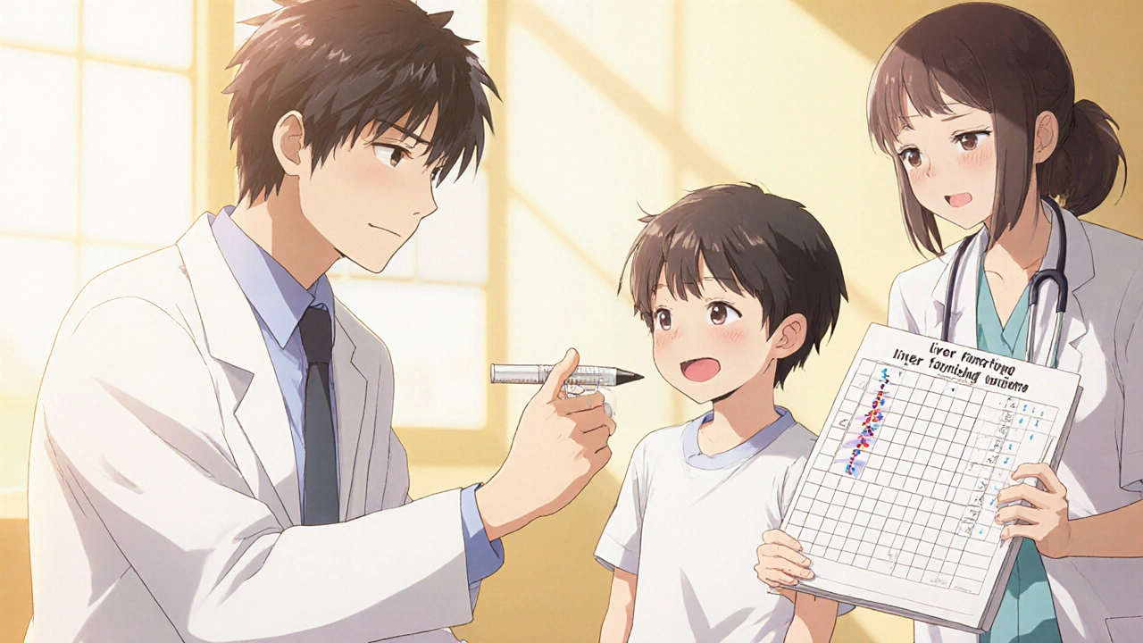 Pediatrician gives child a syringe; child smiles with completed medication schedule.