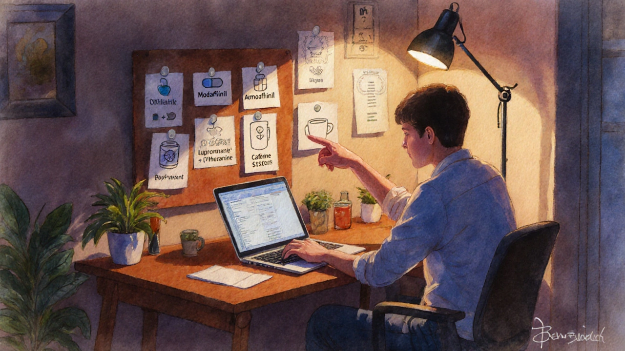 Person at desk contemplating different wake‑promoting options displayed on a board.