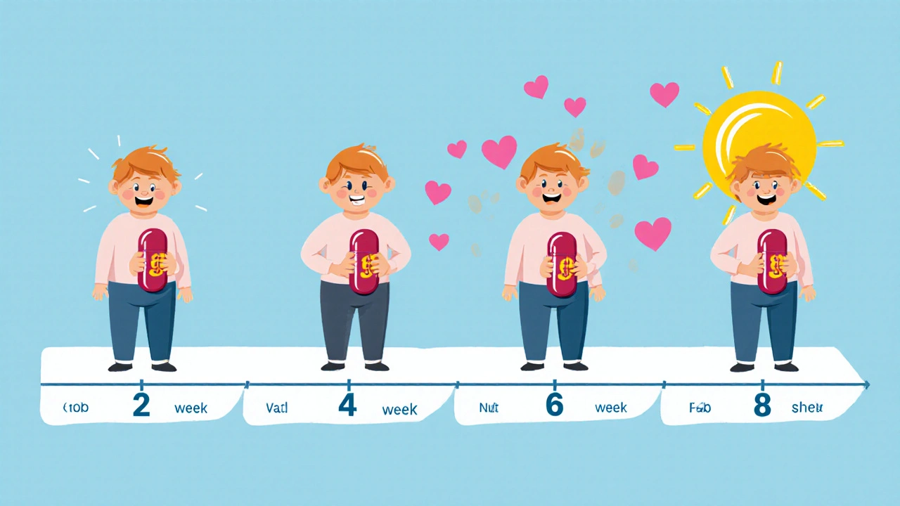 Person on a weekly timeline taking a pill, gradually becoming more relaxed and smiling.