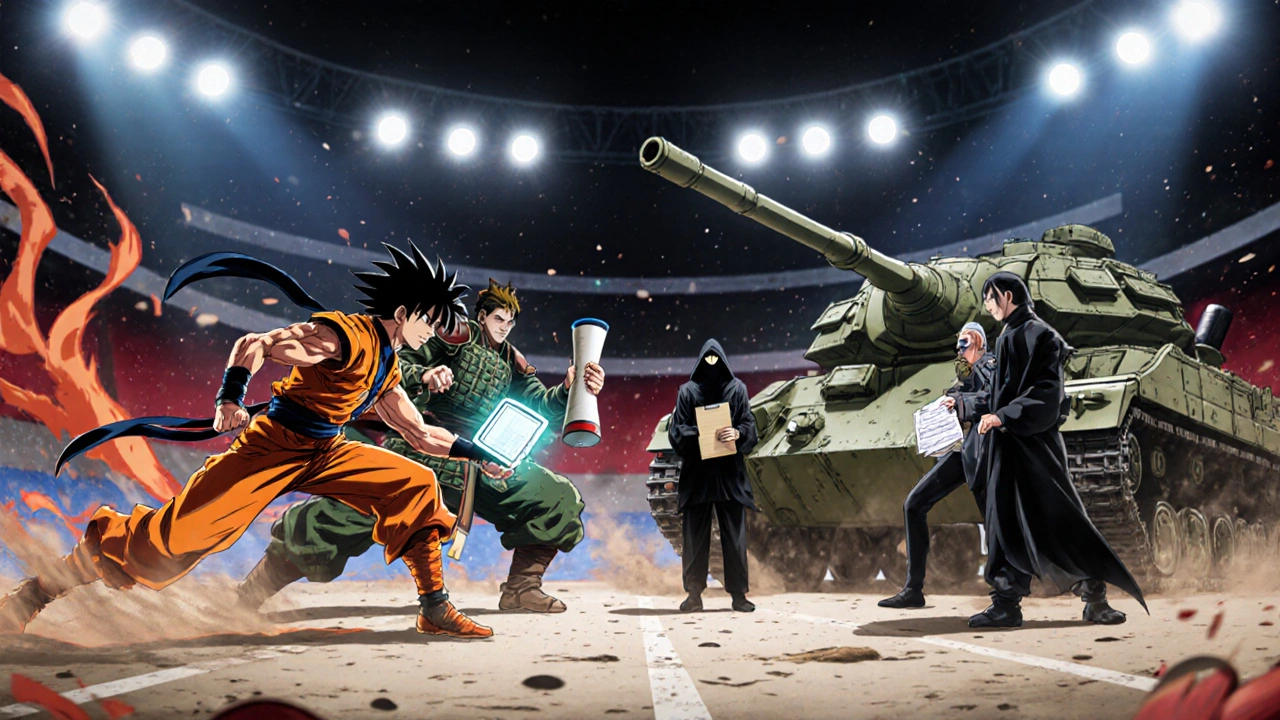 Personified treatment options clash in a stylized arena, each represented by distinct characters.