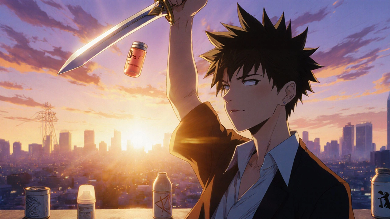Protagonist holds a Duratia tablet on a rooftop at sunset, symbolizing his decision.