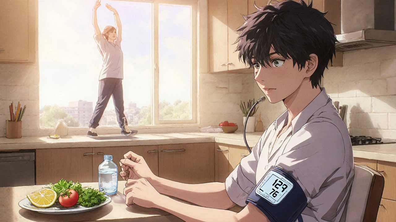 Protagonist measures blood pressure, shows low‑dose celecoxib, healthy food, and stretching.