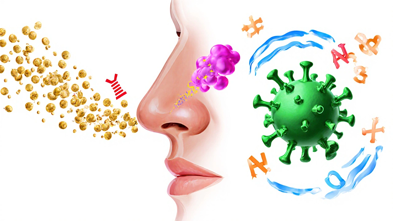 Split illustration of pollen‑induced histamine vs. virus‑induced cytokine sneeze triggers.
