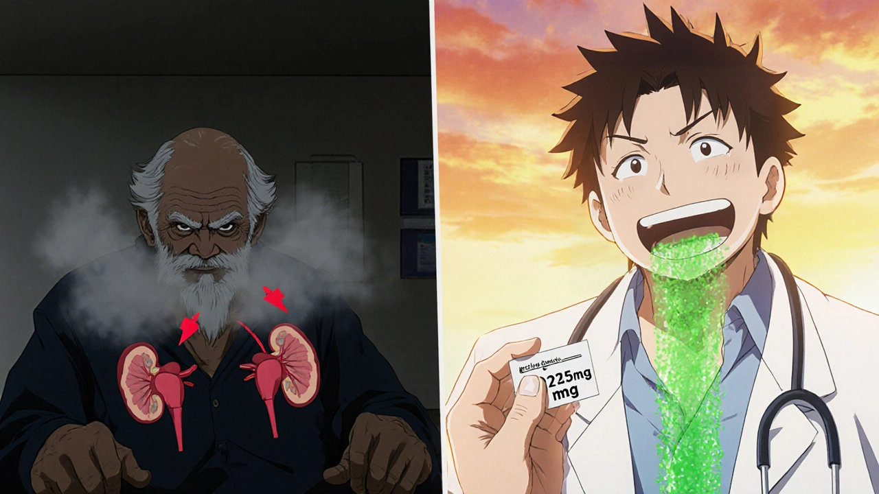 Split scene: a tired man on the left, alert on the right, with bicarbonate ions draining from kidneys into urine.