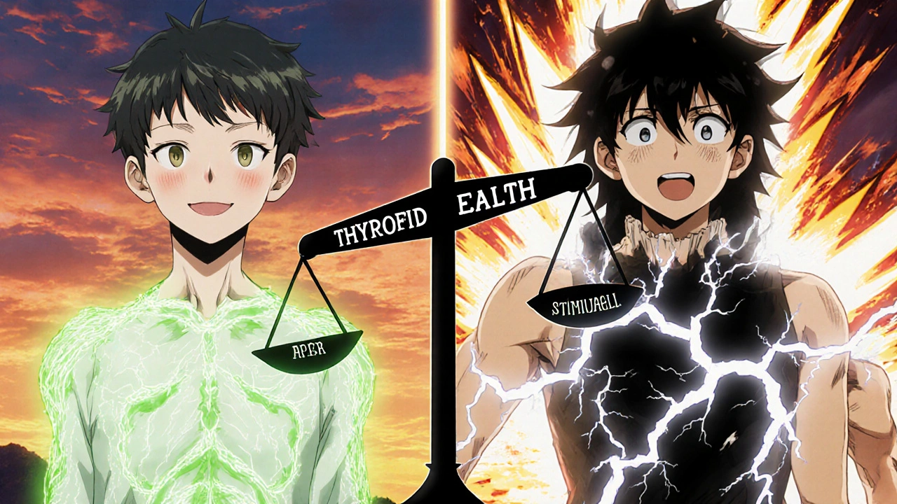 Split scene: calm patient with thyroid med vs. terrified patient with Adderall-induced lightning explosion.