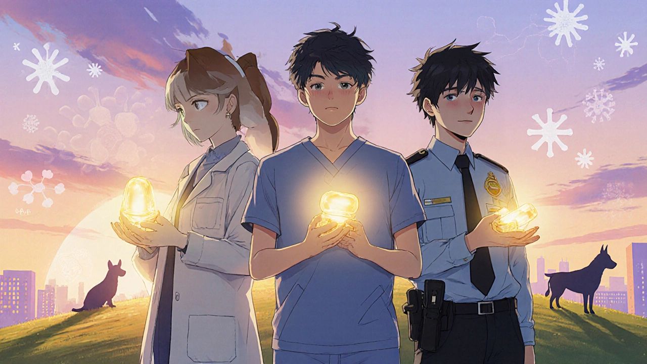 Team of scientists and vet with glowing secnidazole tablet overlooking city at sunrise.