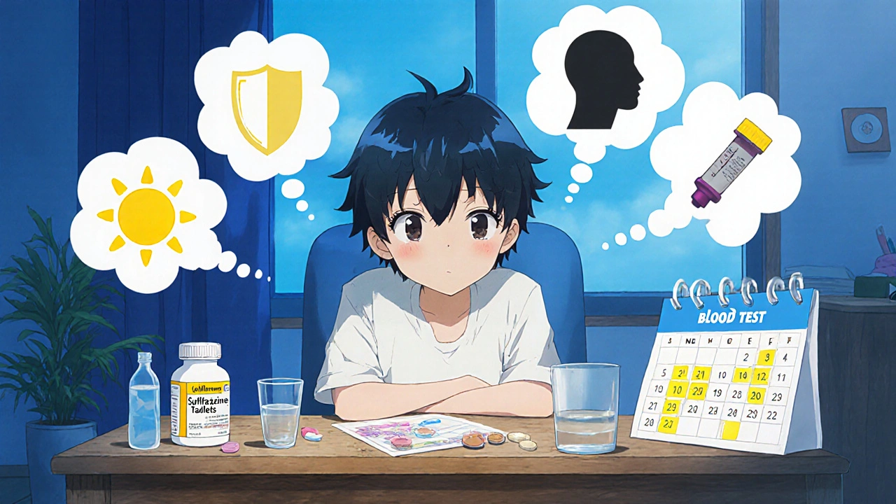 Teen patient reviews sulfasalazine pills, sunscreen, and a blood‑test calendar at home.