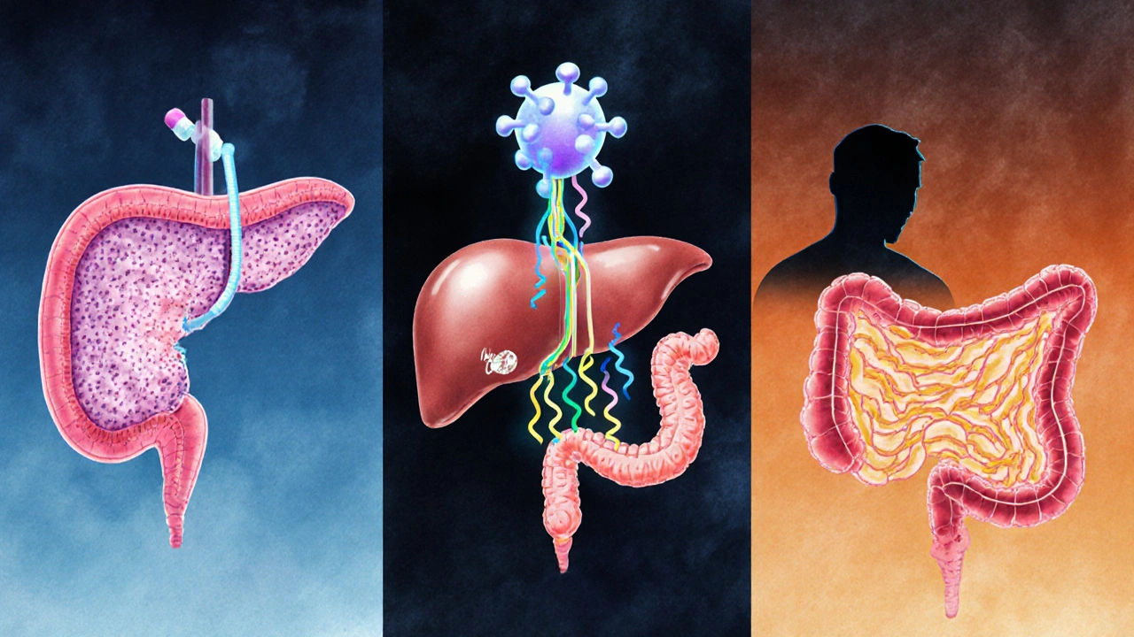 Three-panel illustration showing sulfonylurea stimulating insulin release, metformin reducing liver glucose production, and sitagliptin blocking DPP‑4.