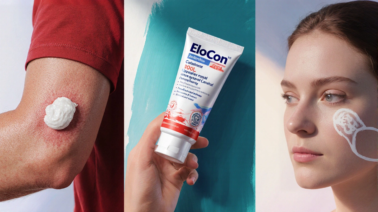 Three side‑by‑side skin sections showing clobetasol, Elocon, and tacrolimus treatments.