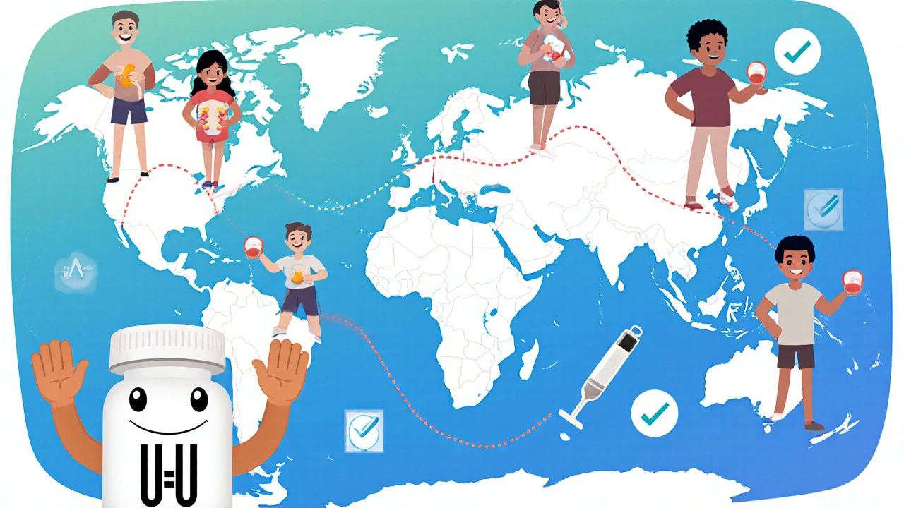World map with people holding TDF pills and a mascot showing reduced HIV rates.