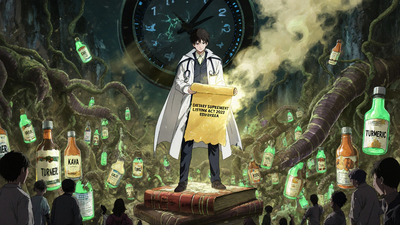 A crumbling marketplace of dangerous supplements being defeated by a hero holding a new regulatory law, with toxic vines attacking shoppers.