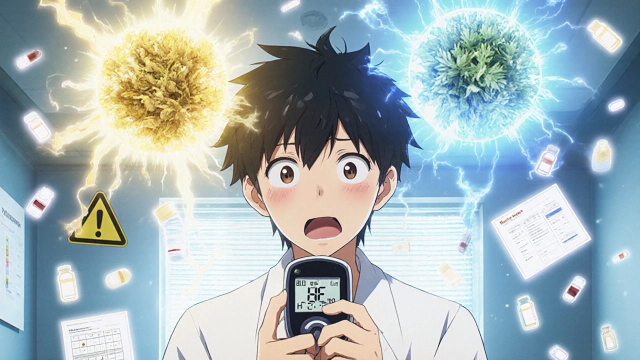 A diabetic person watching their blood sugar swing wildly between two glowing herbs above them.