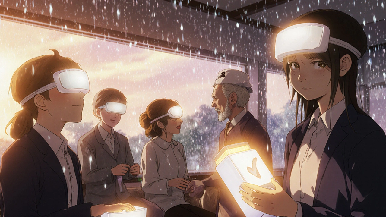 A diverse group of people using light therapy devices at dawn, their bodies glowing warmly as snow melts into hope.