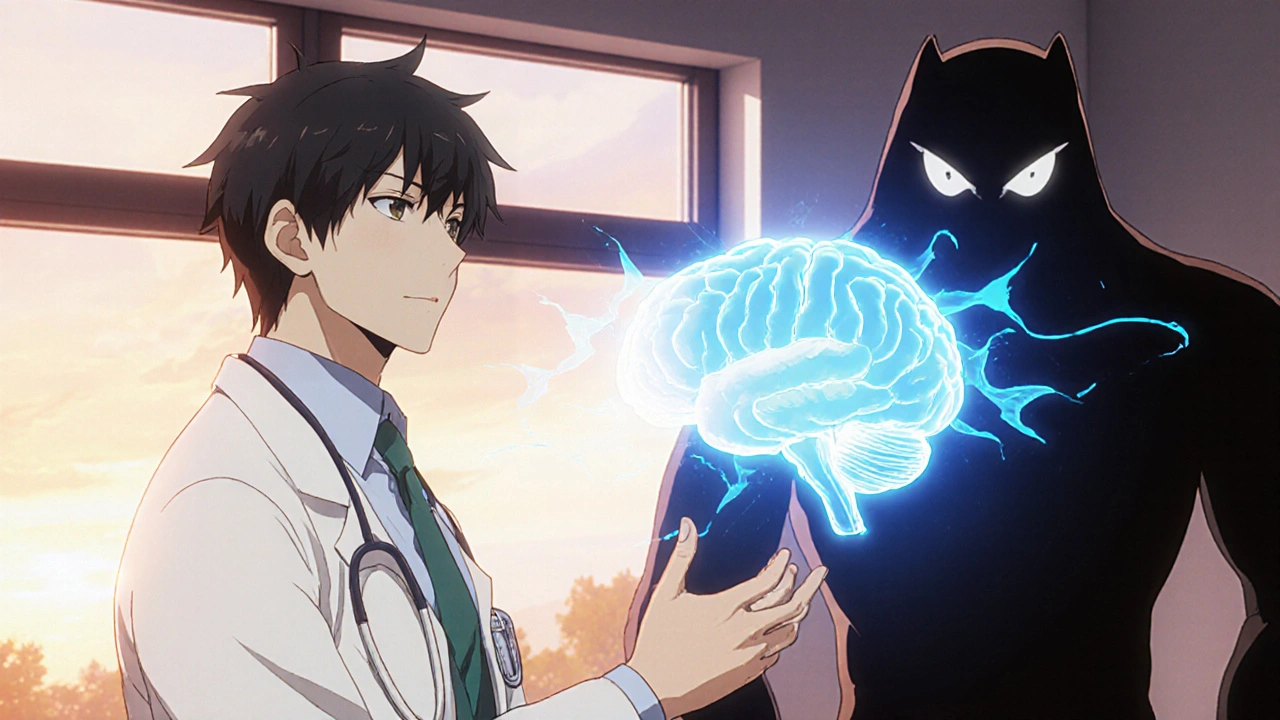A doctor and patient with a glowing brain animation between them, illustrating how belief affects medicine response.
