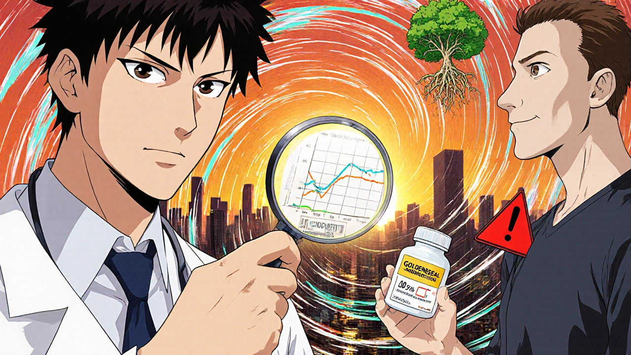 A doctor examines a dangerous supplement bottle as scientific data and warnings swirl around patient and provider.