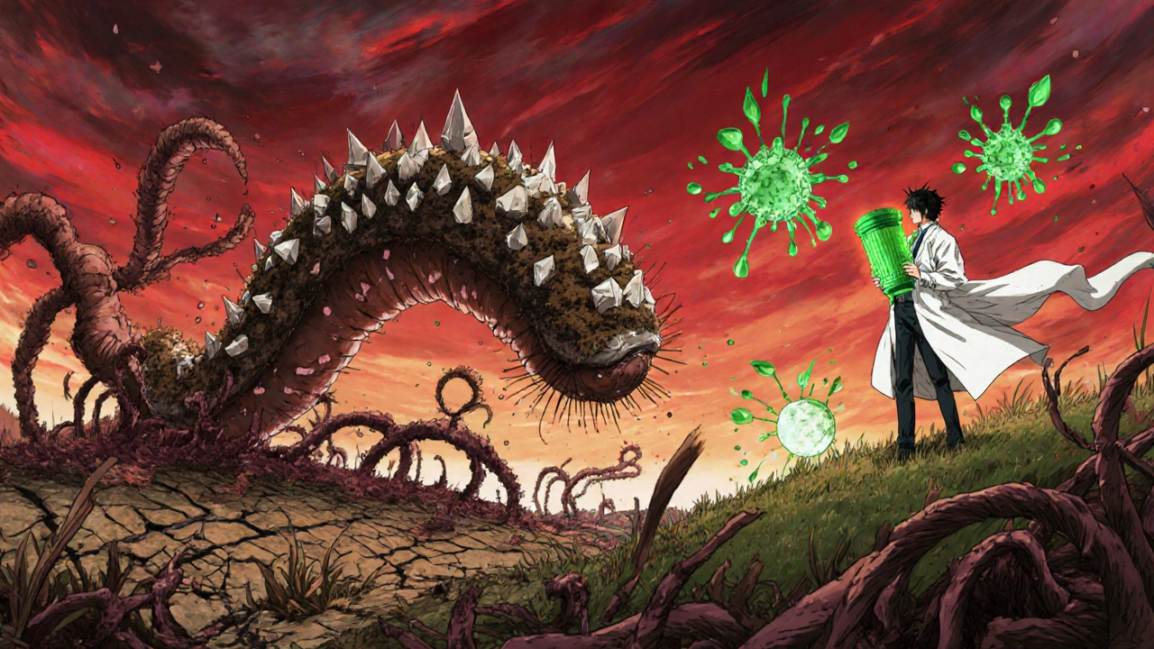 A giant earthworm battles antibiotic-resistant viruses in a dying farmland, while a scientist holds a green filtration device under a blood-red sunset.