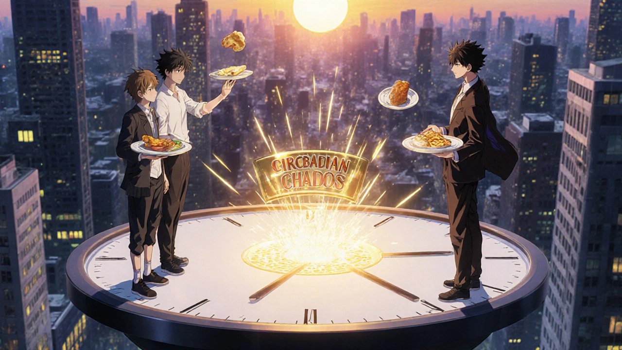 A group of people on a clock platform at dawn, discarding midnight snacks into chaos and dropping breakfast into a golden sync portal.