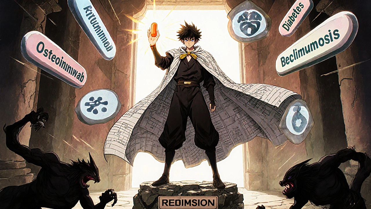 A hero holding a steroid pill while biologic treatments defeat disease monsters, symbolizing safer alternatives.